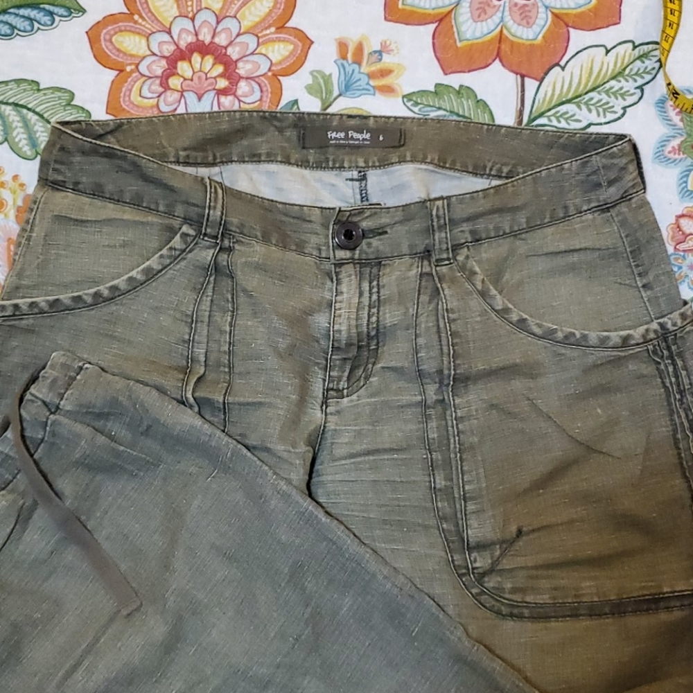 Free People Army Green Linen Cargo Pants 6